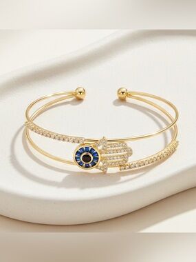 Gold Plated CZ Pave Hamsa Hand Evil Eye Cuff Bracelet